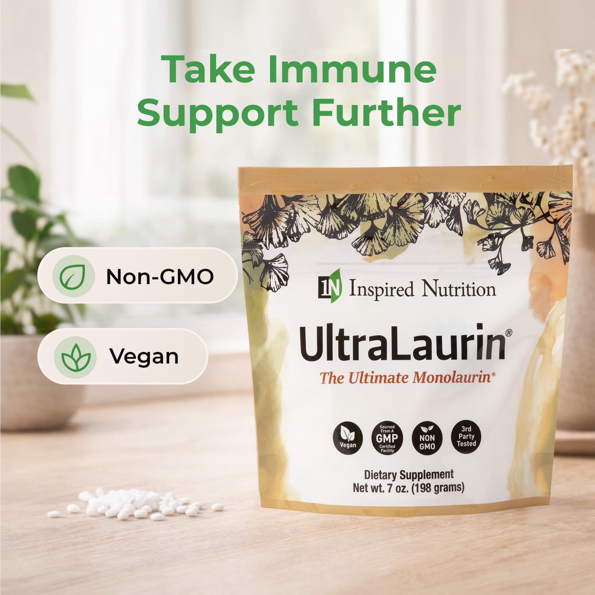 UltraLaurin® Monolaurin Supplement – 3,000 mg Coconut-Derived Pellets for Immune & Gut Health Support, Digestive Wellness – 7 oz - 66 Servings – Vegan, Non-GMO, Natural Immune & Digestive Support