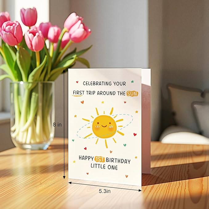 Qiliji First Birthday Card for Baby Boy or Girl, Happy 1st Birthday Card for Daughter Son Granddaughter Grandson Niece Nephew, Celebrating Your First Trip Around the Sun Little One