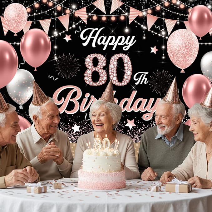 80th Birthday Decorations for Women - Happy 80th Birthday Banner Decorations Cheers to 80 Years Birthday Party Indoor and Outdoor Decoration Suppiles Pink Backdrop for 80th Birthday Party Favors Decor