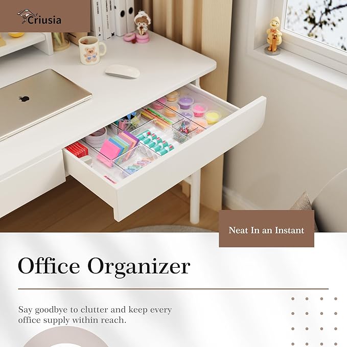 Criusia 14 PCS Clear Plastic Drawer Organizer Set - 5 Large Size Versatile Kitchen and Bathroom Organizer Trays, Non-Slip Storage Bins for Makeup, Utensils, Tool and Office Desk