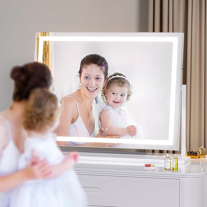 Hasipu Vanity Mirror with Lights, 32" x 24" LED Makeup Mirror, Light up Mirror with 10X Magnification and Phone Holder, USB Charging Port, Smart Touch 3 Colors Dimmable (White)