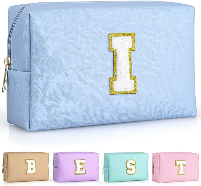TOPEAST Preppy Makeup Bag, Cute Makeup Pouch PU Leather Waterproof Cosmetic Bag, Personalized Birthday Gifts for Mom Teacher Friends Bridesmaids Nurse, Trendy Stuff for Girls (Sky Blue I)
