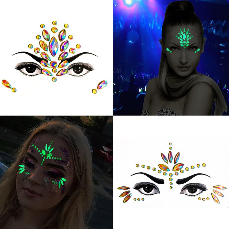 8Sets Noctilucent Face Gems Body Stickers Glow in the Dark Luminous Face Jewels fluorescent face tattoo crystals rhinestone sticker body jewelry for Halloween
