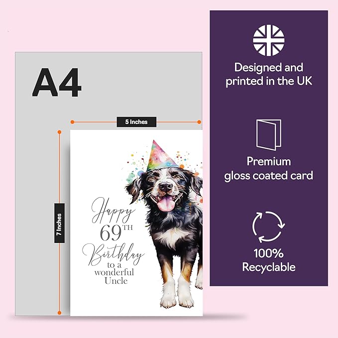 69th Birthday Cards for Uncle - Party Dog - Happy Birthday Card for 69 Year Old Uncle from Niece Nephew, 5x7 Inch Bday Man Men Him Greeting Cards Gift for Uncle Birthday Gifts