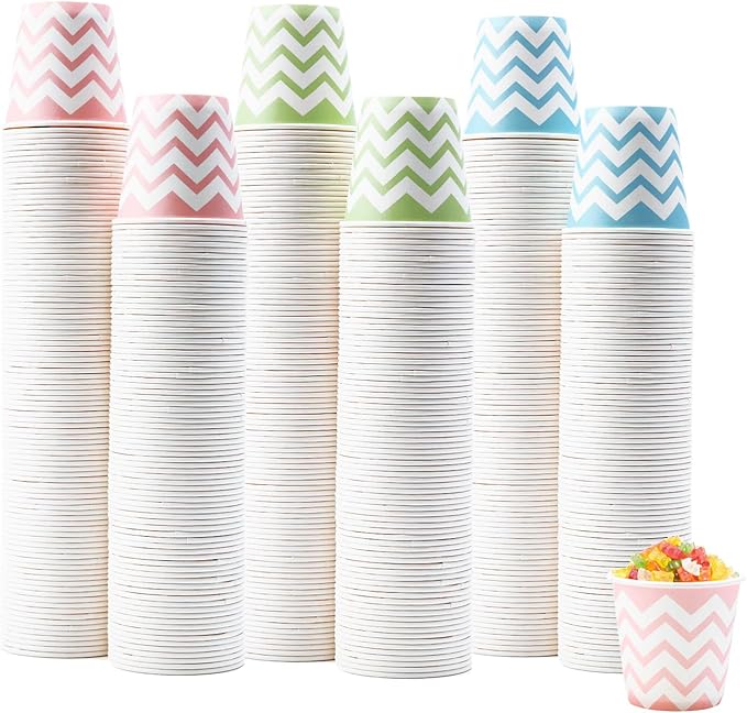 Tamone 600 Pack 3 oz Paper Cups - Small Bathroom Cups, Mini Wave Design Disposable Cups, Pink, Green, Blue - Mouthwash Cups for Valentine's, Picnic, BBQ, Travel, Home, Event