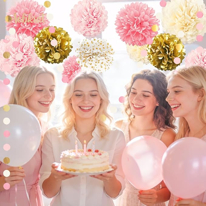 AOBKIAT Wedding Baby Shower Decorations Set,15PCS Pink Gold Tissue Paper Pom Poms,Circle Dots Colorful Paper Garland String Hanging Backdrop for Birthday Party,Gender Reveal Celebration Decor