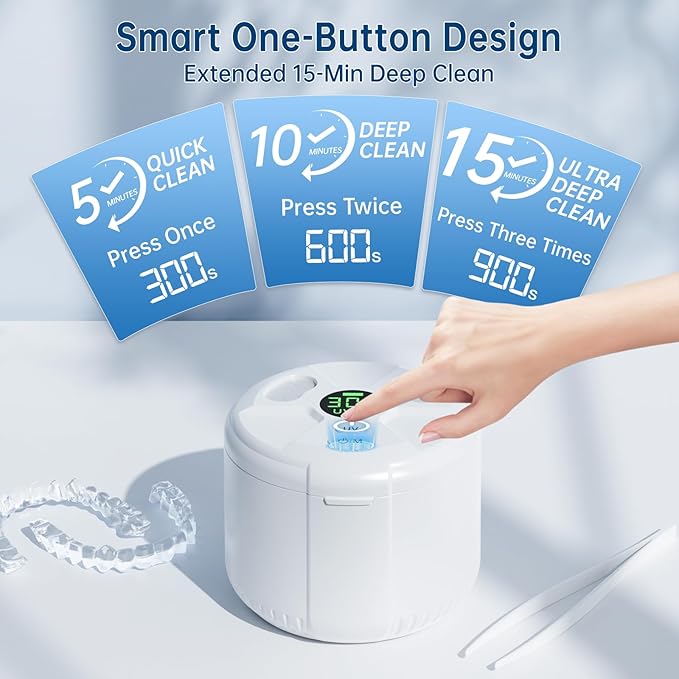 45kHz Ultrasonic Retainer Cleaner Machine, 200ML Dental Deep Cleaning Pod for Dentures, Aligners, Invisalign, Mouth Guards, Night Guards, Jewelry, Toothbrush, 5/10/15 Mins Timer