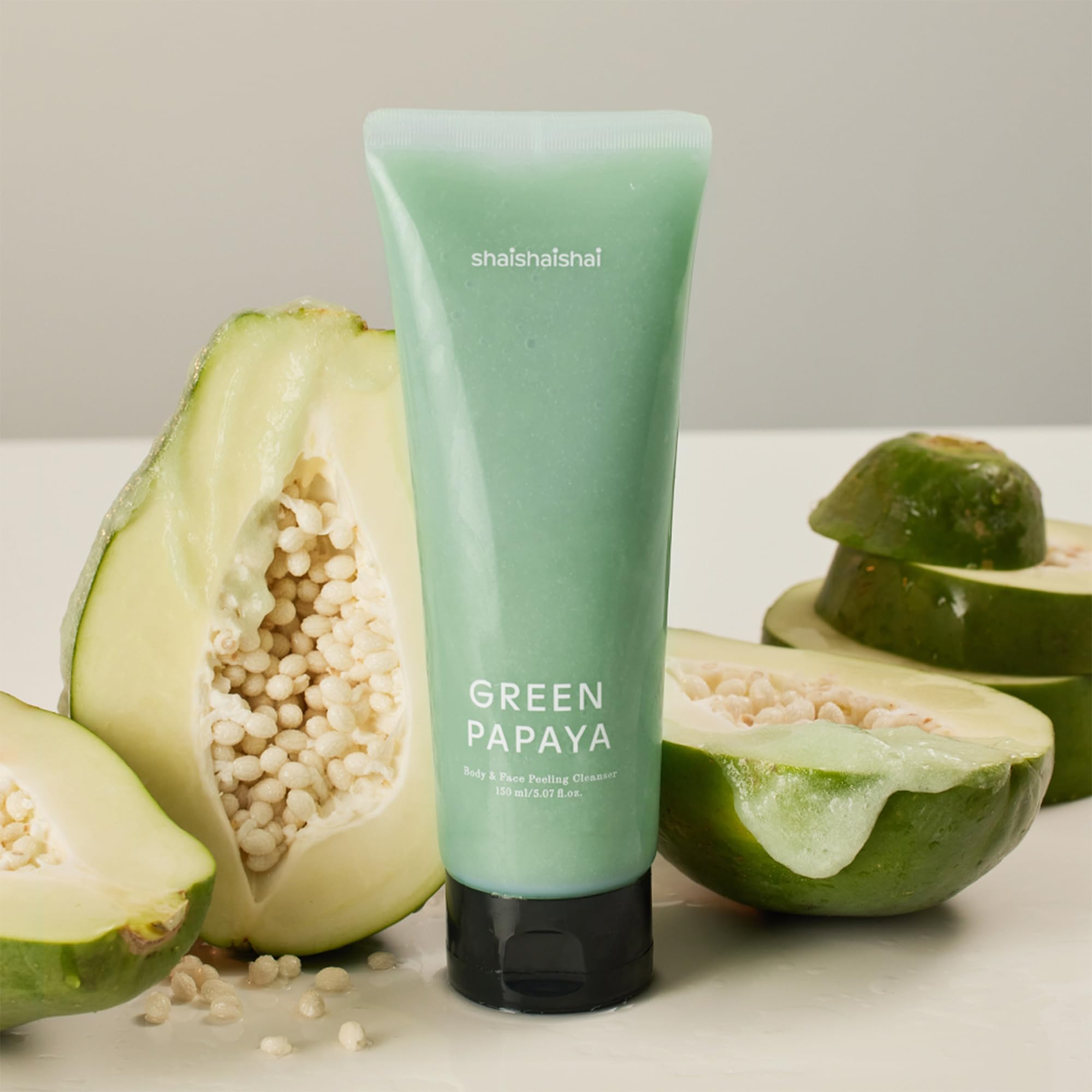 shaishaishai GREEN PAPAYA Body & Face Peeling Cleanser, Papaya Enzyme Exfoliator, Gentle AHA & BHA for Deep Cleansing, Soothing 10% Centella Asiatica, Removes Blackheads, 5.07 Fl Oz
