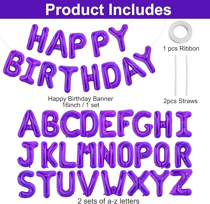 TONIFUL 65 Pcs Personalized Name Letter A-Z Balloons 16 Inch Purple Happy Birthday Balloon and 2 Sets A-Z Foil Letter Balloons Create Your Own Name Banner for Birthday Celebration Party Decorations