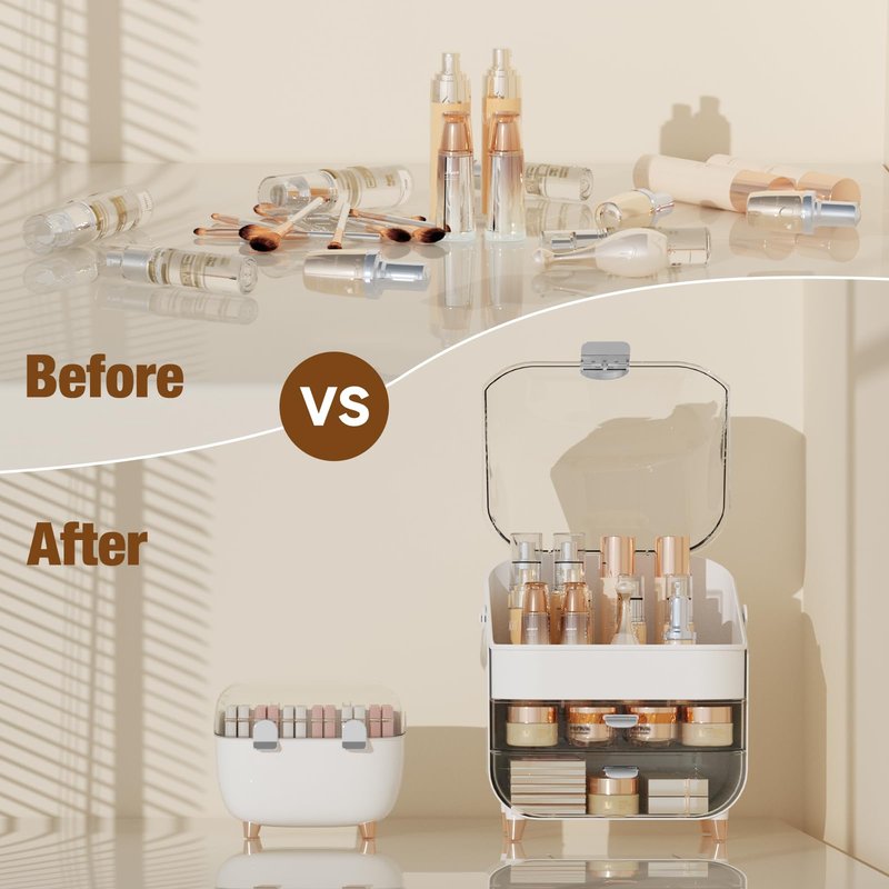 CLBDRESS Makeup Organizer for Vanity with perfume Storage Box, Countertop Skincare Organizer with 2 Drawers, Cosmetic Display Case for Perfumes, Eyeshadow Palettes, Nail Polishes, Silver