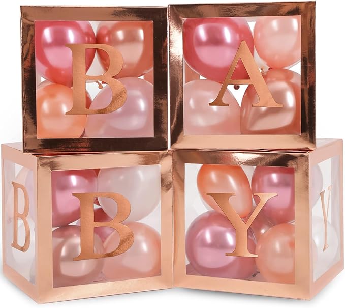 Baby Shower Decorations – Rose Gold Baby Shower Boxes with Letters, Baby Blocks with Rose Gold, Pink, and White Balloons – 44-Piece Party Set for Boys and Girls by Vellax®