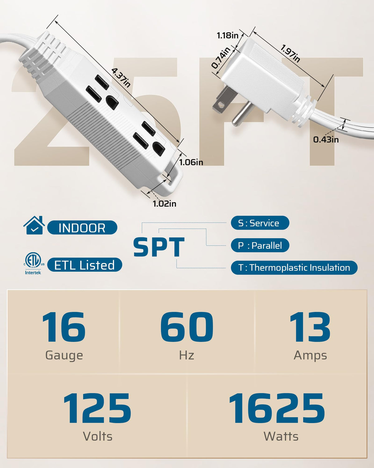 DEWENWILS 3 Outlet Extension Cord with Flat Plug, 25 FT 16/3 Awg Grounded Power Cable for Indoor Use, SPT-3 Cord, White, ETL Listed, 1 Pack