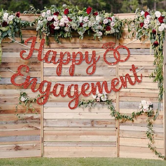 BEISHIDA Glitter Engagement Banner - No DIY, Party Decorations Sign, Wedding Banners (Red)