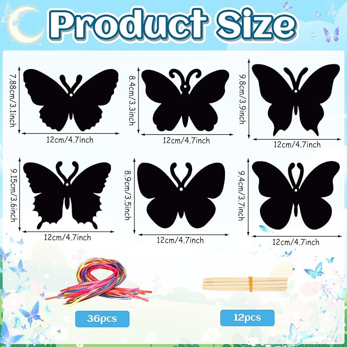 JULMELON 36 PCS Butterfly Scratch Cards, Rainbow Scratch Paper with 12 Bamboo Stylus Scratch Art for Kids Butterfly Party Favors Kids Crafts Bulk for Classroom Games DIY Handmade Family Party Gifts