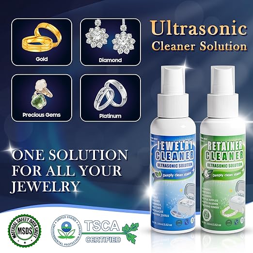 Ultrasonic Cleaner Set with Basket & Light, 304 Stainless Steel Tank, Includes 2×100ml Cleaning Solutions for Silver, Gold, Diamond Rings, Retainers, Glasses, Dentures & Watches