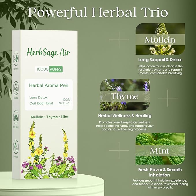 Next-Gen Mullein Herbal Diffuser Pen - REVOLUTIONARY Up to 10,000 Uses | All-Natural with Mullein, Thyme & Mint for Lung Cleansing, Freshens Breath & Quitting Bad Habit
