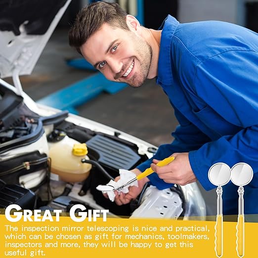2 Pcs Telescoping Inspection Mirrors, Mechanics Mirror Tool with Long Handle, Round Extendable Mirror on a Stick for Technicians Mechanics Contractors Checking Observation(50mm,Yellow)