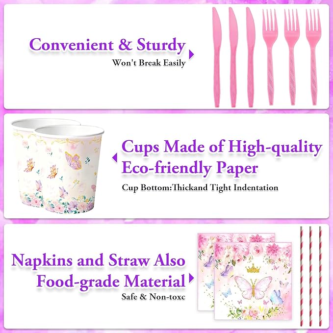 Pink Butterfly Birthday Party Supplies Tableware Sets,Includes Disposable Plates, Napkins, Cups,Straws,Cutlery, Balloons, Banner, and Tablecloth for Party Baby Shower Birthday Decorations,Serves 20