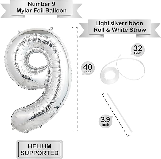 40 Inch Silver Number Balloons, Helium Mylar Foil Number Balloons for Birthdays, Number 9 Balloon for Party Wedding Bachelorette Birthday Bridal Shower Graduation Anniversary Celebration Party Decorations Supplies