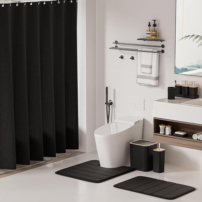 Bathroom Set - 25PC Black Bathroom Set with Shower Curtain and Rugs, Bathroom Accessories Set, Black Shower Curtain Set with Bathroom Trash Can