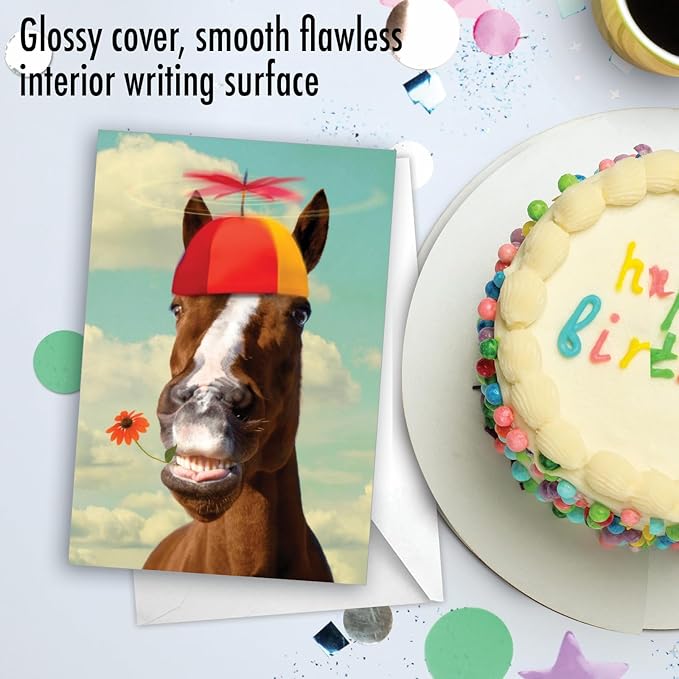 NobleWorks - 1 Happy Birthday Card with Funny Animals - Wildlife and Pet Humor, Fun Birthday Celebration Notecard - Horse Around C9304BDG