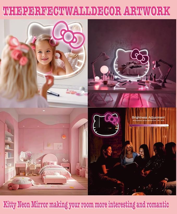 GALLIA Anime Hello Kit Mirror Vanity, Neon Mirror with Dimmable LED Lights, Perfect for Teen Girl Gift, Room Decor, 14.6" x 12.2"
