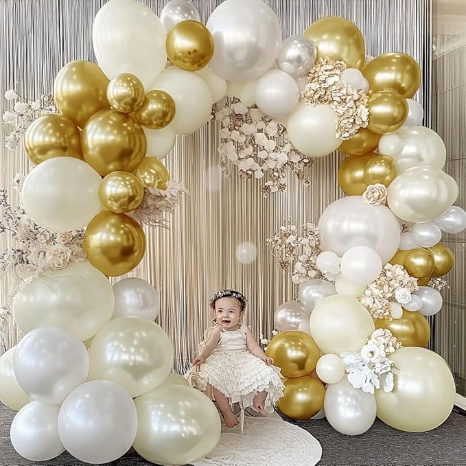 White and Gold Balloon Garland - Double Stuffed Pearl Sand White Gold Balloons Arch Kit 5 12 18 inch for Birthday Graduation Bar Mitzvah Bachelorette Wedding Baby Shower Party Decoration