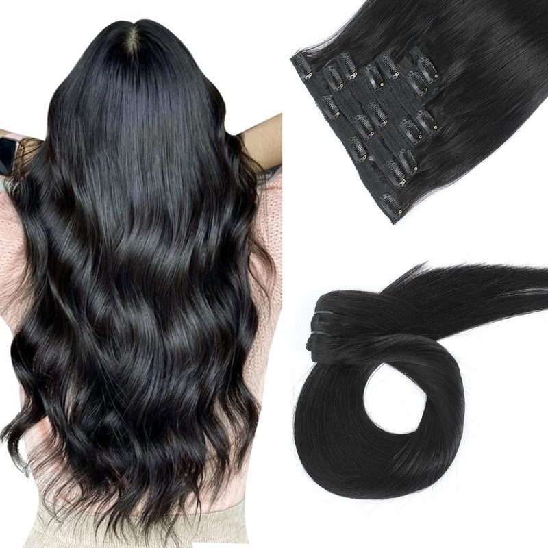 Clip in Hair Extensions Real Human Hair Jet Black 16 inch 7pcs 70g/Pack, Human Hair Clip in Extensions, Salon-Grade Quality, Easy Comfort Wear for Women (#1, 16 inch)