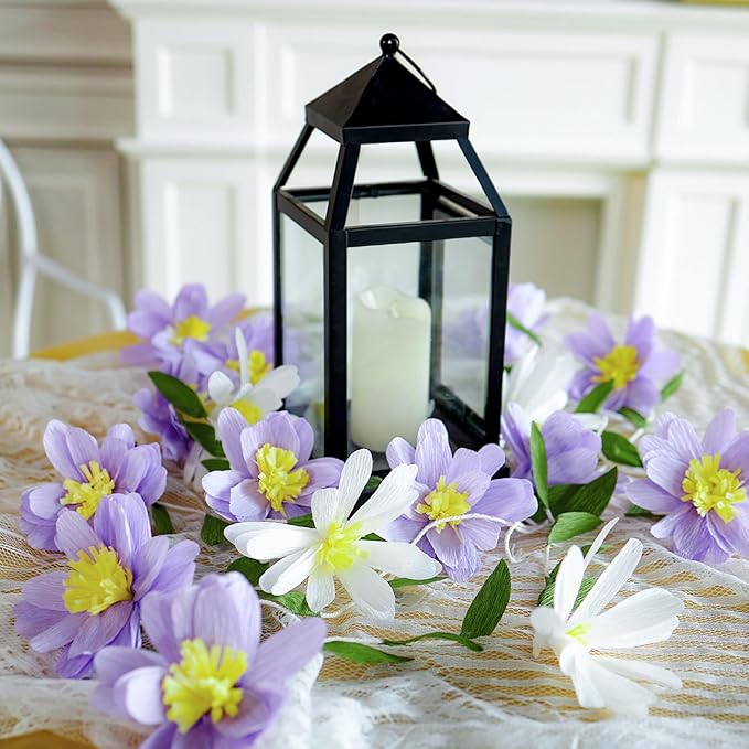 2PCS Paper Flower Garland, Paper Leaves Banner Vine Flowers with Green Leaves Crepe Flower Garland Decorations for Wall Anniversary Wedding Birthday Arch Decor-Purple