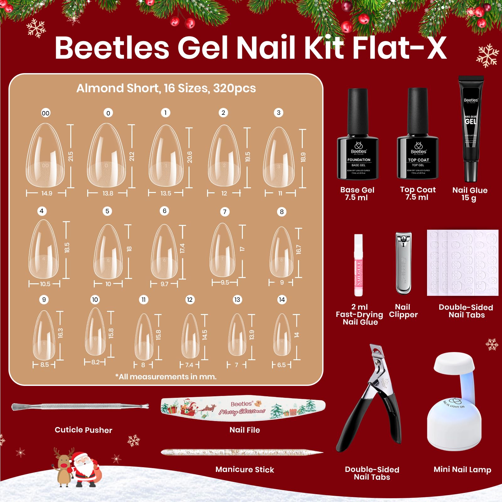Beetles Gel Nail Kit Flat-X, Almond Short, 320pcs 16 Sizes, with 15g Hands-free Solid Nail Glue Gel, Mini Lamp, Christmas Limited Set, Pre-Etched Half Matte Nail Extension Set for Home DIY