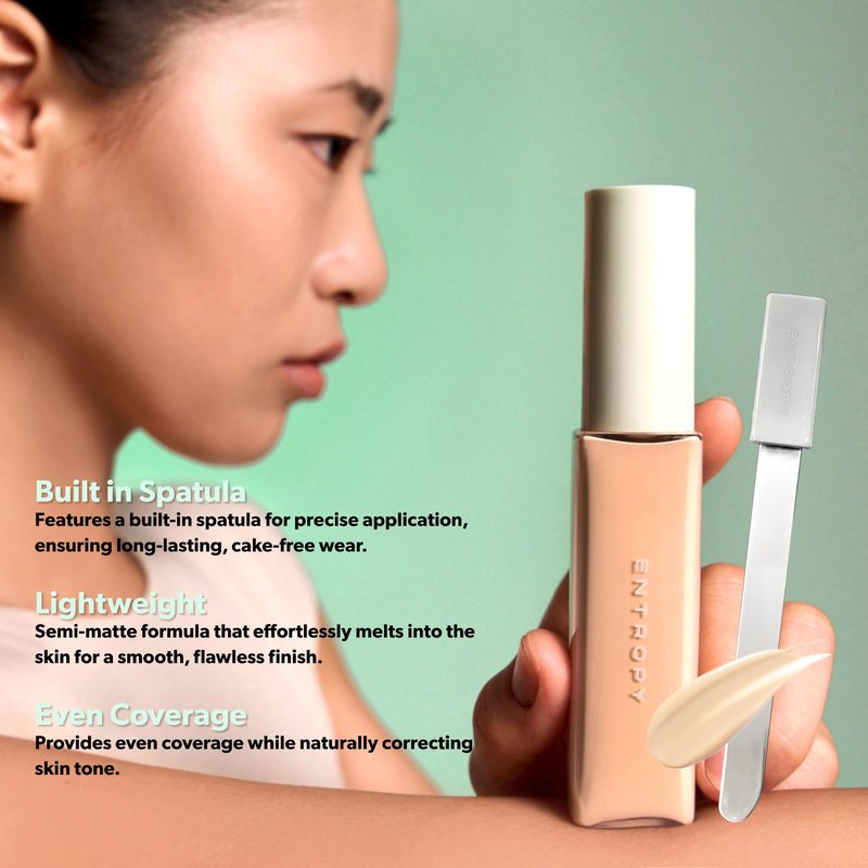 ENTROPY MAKEUP Organza Fit Spatula Foundation, Sheer to Medium Coverage, Built-In Spatula Applicator, Natural Finish, Flawless Skin, Long-Lasting Ultra Lightweight, Korean Makeup, #22.8