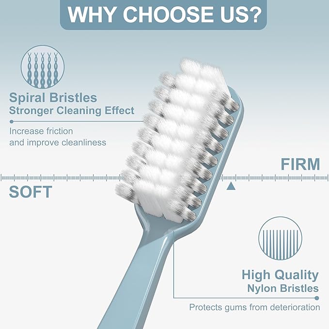 Firm Toothbrush for Adult, Manual Wider Head Tooth Brush with Tongue and Cheek Cleaner, Hard Bristles, 4 Count, More Efficient and Deeper Cleaning