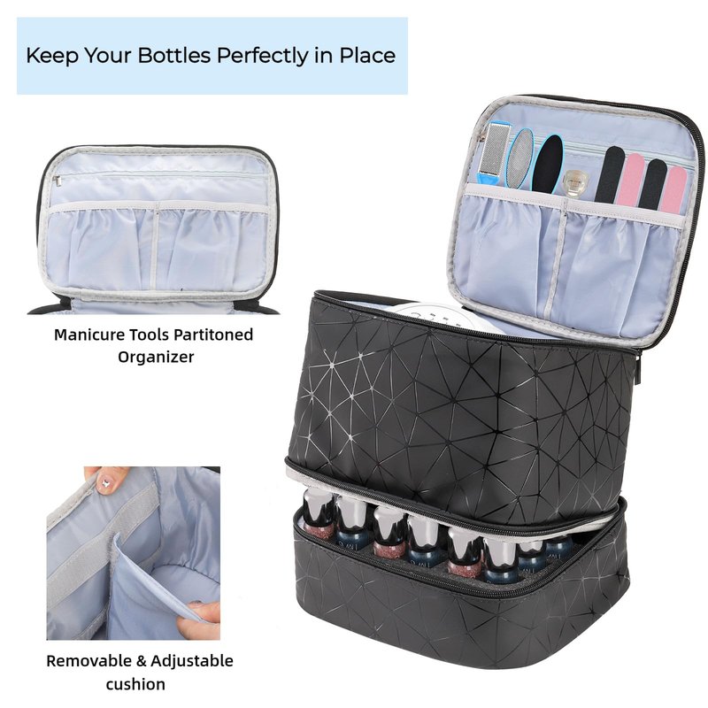 ZOOFOX Nail Polish Organizer Case, Double-Layer Nail Polish Carrying Bag with Handle, PU Leather Nail Organizers and Storage Bag for Manicure Accessories