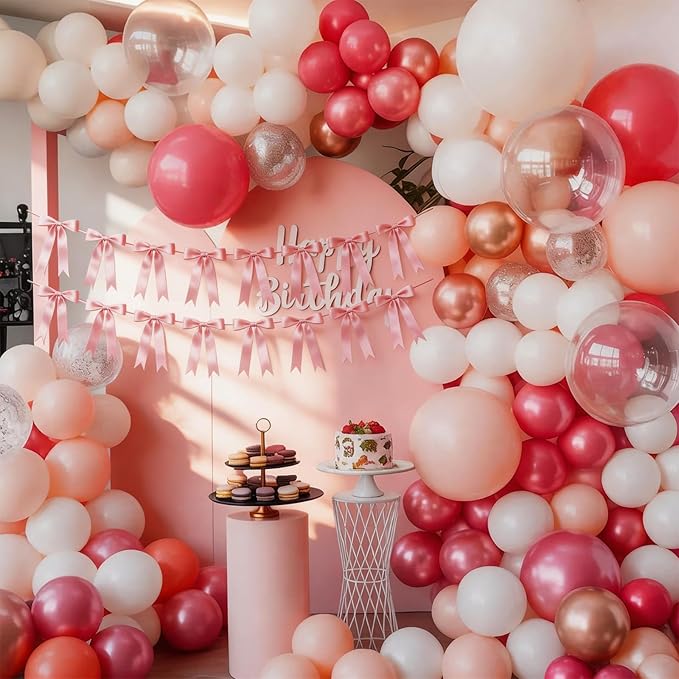 2 Strings Dusty Pink Bow Garland Banner Decorations, 16Pcs Pre-Strung Satin Ribbon with 6.7ft Chain for Girls Ribbon Bow Banner Coquette Room Birthday Baby Shower Bachelorette Wedding Party Decor