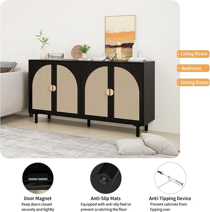 Black Sideboard Cabinet with 4 Rattan Doors, Rattan Buffet Cabinet with Adjustable Shelves & Pine Legs, Boho Sideboard Buffet for Living Room, Kitchen, Entryway, Black