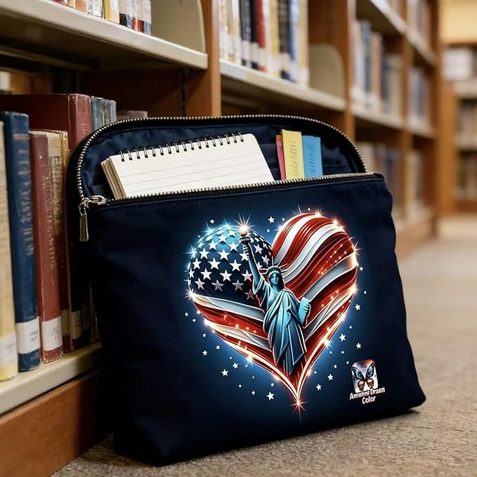 GRITOSE Black Small Bag Freedom America Flag Women Men Supplies with Work Independence Day Accessories Patriotic Toiletry Make up Bags with Zipper for Family Friend July 4th Gift