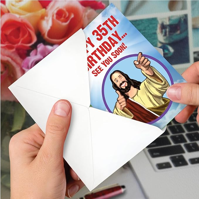 NobleWorks - Funny 35th Birthday Greeting Card - Joking God Humor Milestone, 35 Years Happy Bday Notecard with Envelope (1 Card) - See You Soon 35 C9402MBG