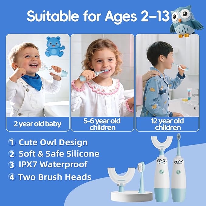 Kids Electric Toothbrush，360-Degree Sonic Vibration, IPX7 Waterproof,Toddler U Shaped Toothbrush with 2 Soft Brush Head,Cute Owl Design Baby Toothbrush for Ages 2–7（Blue）