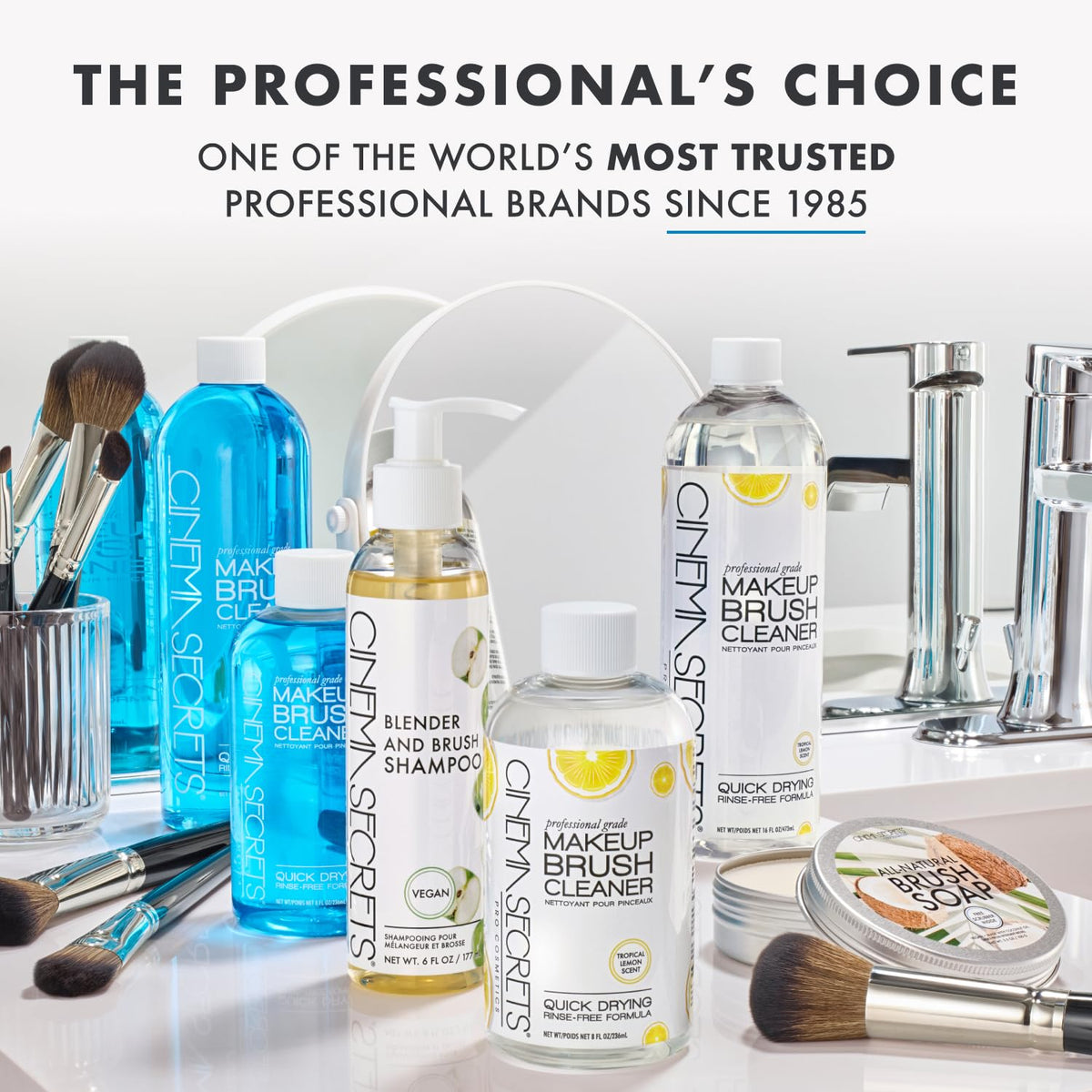 Cinema Secrets Original Blue Vanilla Makeup Brush Cleaner Solution & Spray Combo - Professional Cleanser for Makeup Brushes - Quick-Drying & Rinse-Free - Removes Built-Up Make Up (16 fl oz & 2 fl oz)