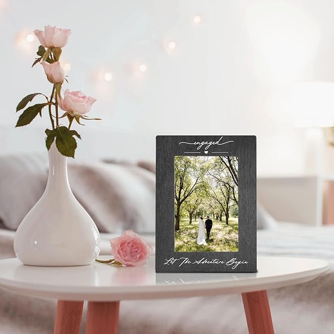 Engagement 4x6 Picture Frame, Wedding Photo Frames, Newly Engaged Gifts for Couples Bride Groom, Let the Adventure Begin Engagement Picture Photo Frames for Desk Decor