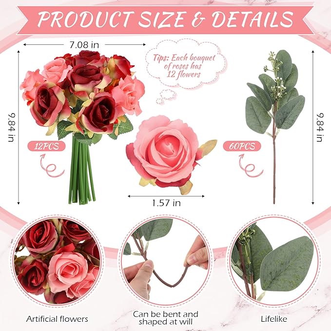 Zeyune 12 Bunches Wedding Bridesmaids Bouquets 144 Heads 7 Inch Artificial Rose Bouquets Silk Fake Flower Bulk with Stems for Valentine's Day Wedding Bridal Shower Home Party Decor(Rose Red)