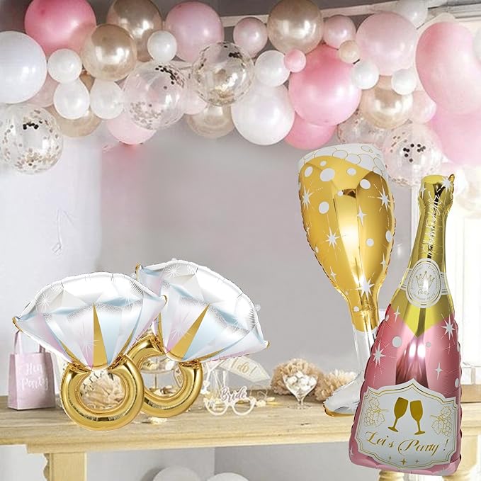 4 Pcs Bachelorette Balloons, Huge Rose Gold Champagne Bottle Diamond Ring Goblet Aluminum Foil Balloons for Bachelorette Party, Bridal Shower, Wedding, Engagement Party Decorations Supplies
