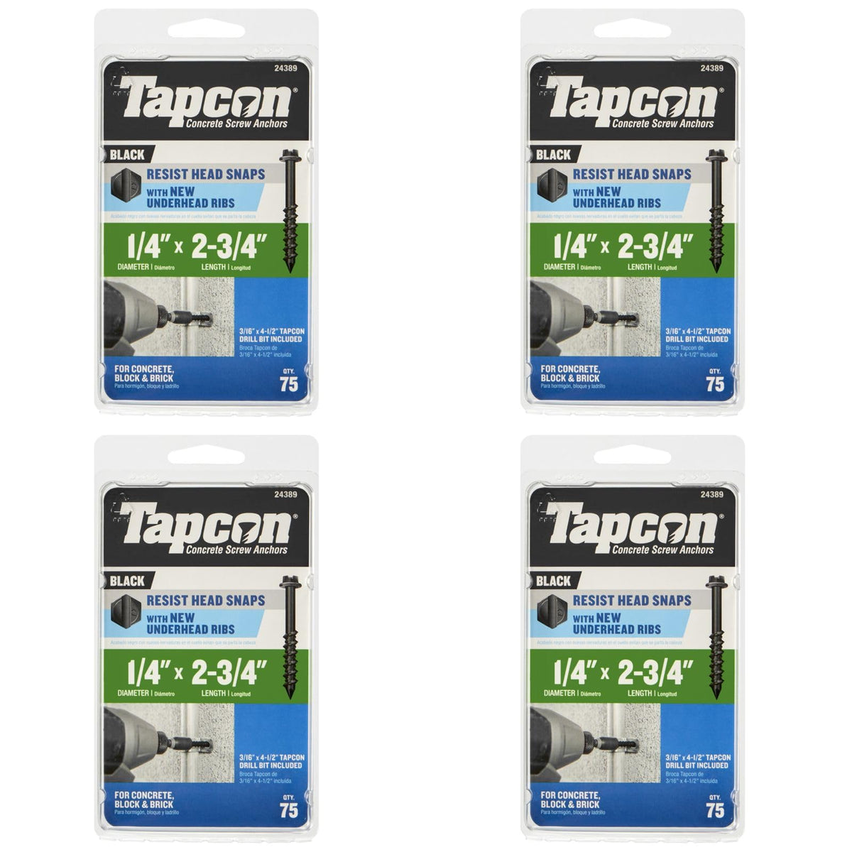 Tapcon 1/4 x 2-3/4 Inch Black Hex Head Concrete Anchors, 300 PCS, Corrosion Resistant Climaseal™ Coating, Heavy-Duty Concrete and Masonry Screws, Superior Holding Strength, Drill Bit Included