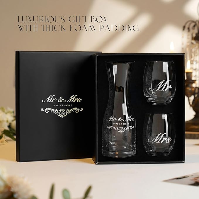 AW BRIDAL Wedding Gifts for Couples 2026, Mr and Mrs Wine Glasses with Decanter Set for Anniversary, Engagement Gift for Newly Engaged Couple, Bridal Shower Gift for Bride to Be
