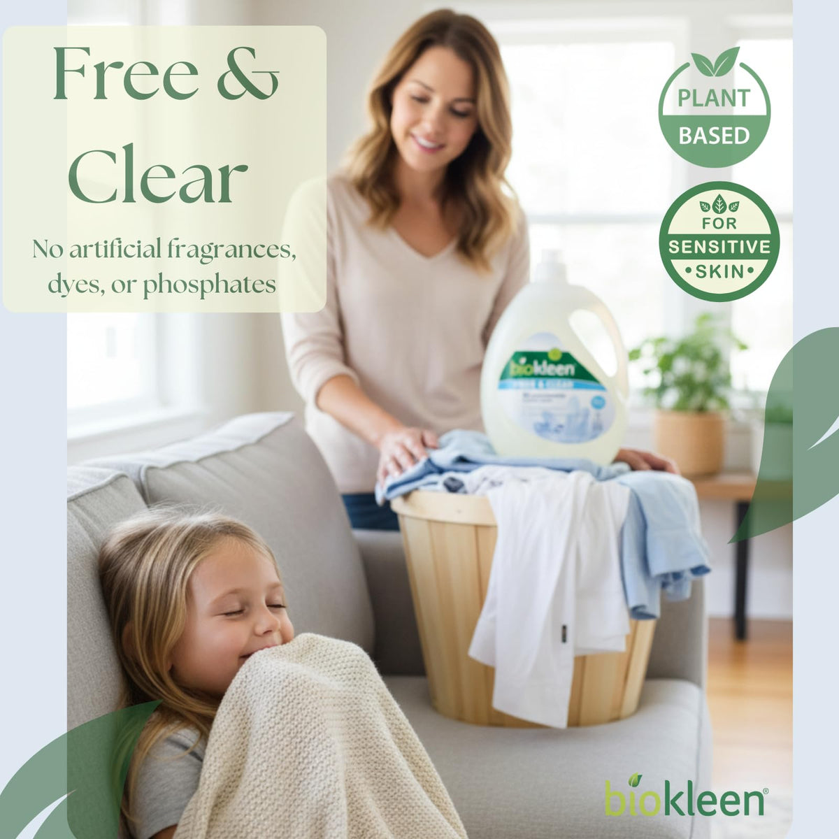 Biokleen Free & Clear Natural 3X Concentrated Liquid Laundry Detergent, 300 Loads, Plant-Based, Hypoallergenic, Removes Stains & Fights Odors, Dye Free, Unscented