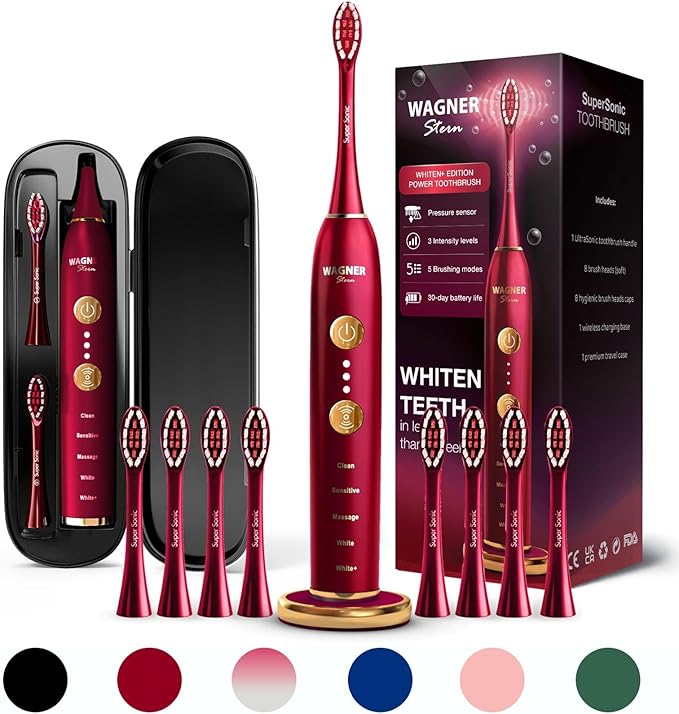 Wagner Stern WHITEN+ Edition. Whitening Electric Toothbrush with Pressure Sensor. Offers 5 Brushing Modes, 3 intensities, 8 Soft Brush Heads, and a Luxury Travel case.