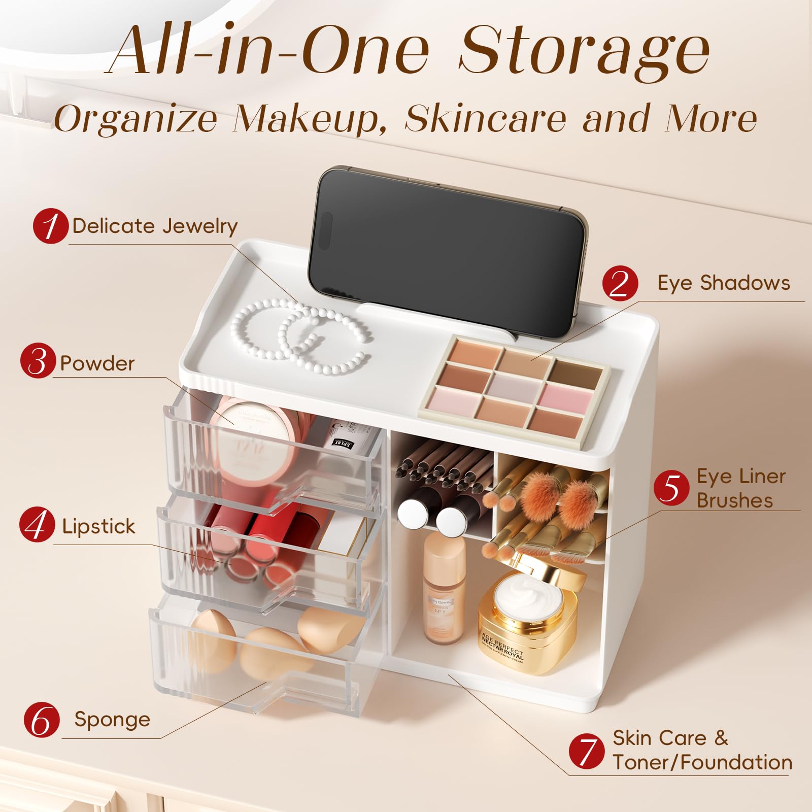 Small Makeup Organizer with Drawers, Stackable Bathroom Couneter Organizer with Phone Holder, Versatile Vanity Organizer Countertop, Cosmetic Organizer for Makeup Brush, Skin Care, Lotion -White,1Pack