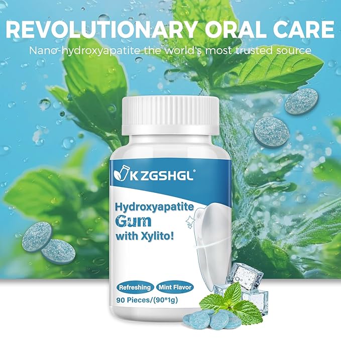 Remineralizing Gum, Hydroxyapatite Gum, 90 Pieces, Xylitol Gum, Good for Teeth Remineralization, Sugar-Free Mint Chewing Gum with Xylitol, Two pills after meals to freshen breath and clean teeth
