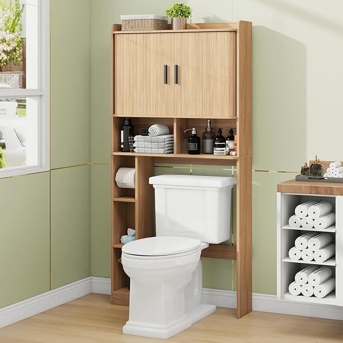 Over The Toilet Storage Cabinet,Farmhouse Toilet Cabinet Rack with 2 Tambour Sliding Doors and Toilet Paper Holder Stand，Toilet Shelf Space Saver with Towel Rack for Bathroom, Restroom, Laundry