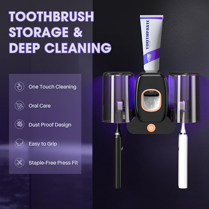 3 in 1 Toothbrush Cleaner Holders,Rechargeable Wall Mounted Toothbrush Holder Toothpaste Dispenser Automatic 2 Cups Tooth Brush Holder for Bathroom, No Drilling, 4 Slots (Black)